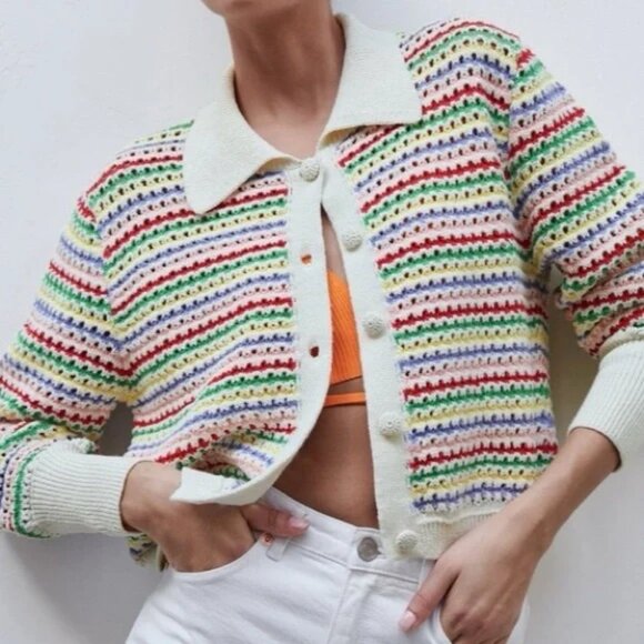 Womens Zara Ivory Rainbow Striped Open Knit Pointelle Cardigan Sweater S - Picture 1 of 15